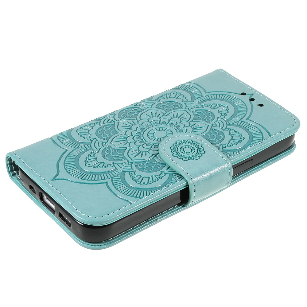 iPhone 13 Leder Tasche Wallet - Mandala Flowers Imprint - Türkis