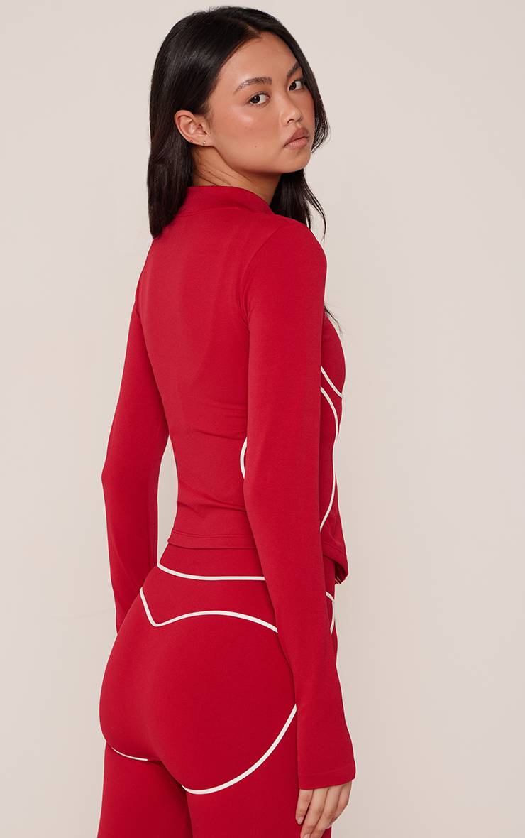 Rouge Veste Sans Couture Gris Chiné À Surpiqûres Contrastées
