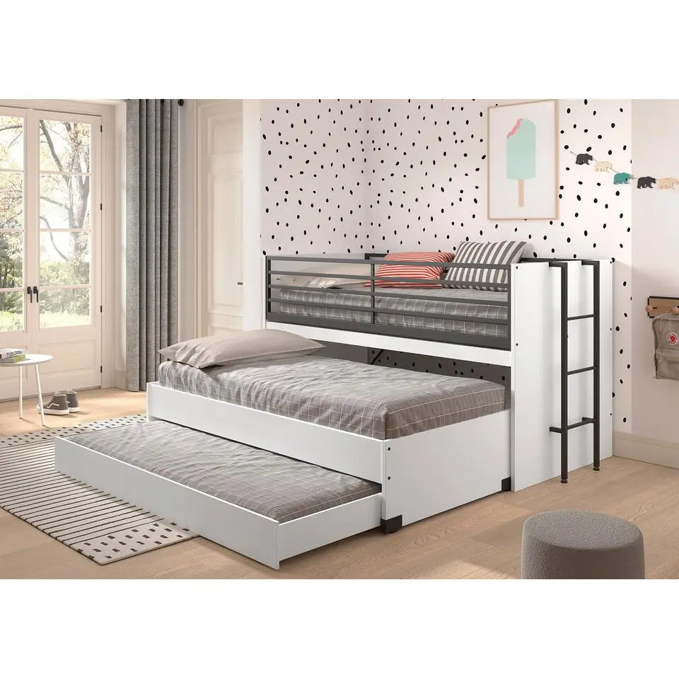 Halfhoogslaper Sammie 90x200cm met 2 slaapplaatsen, bedlade en bureau - wit