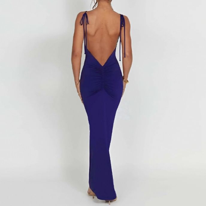 Jeshili - Spaghettibandjes Vierkante Hals Effen Gerimpelde Open Rug Maxi Bodycon Jurk
