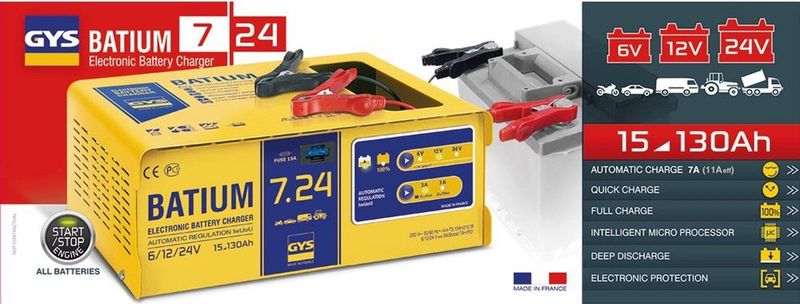 GYS - Batium 7-24 - Volautomatische Acculader - 6, 12 en 24 Volt - Geschikt voor 15-130Ah