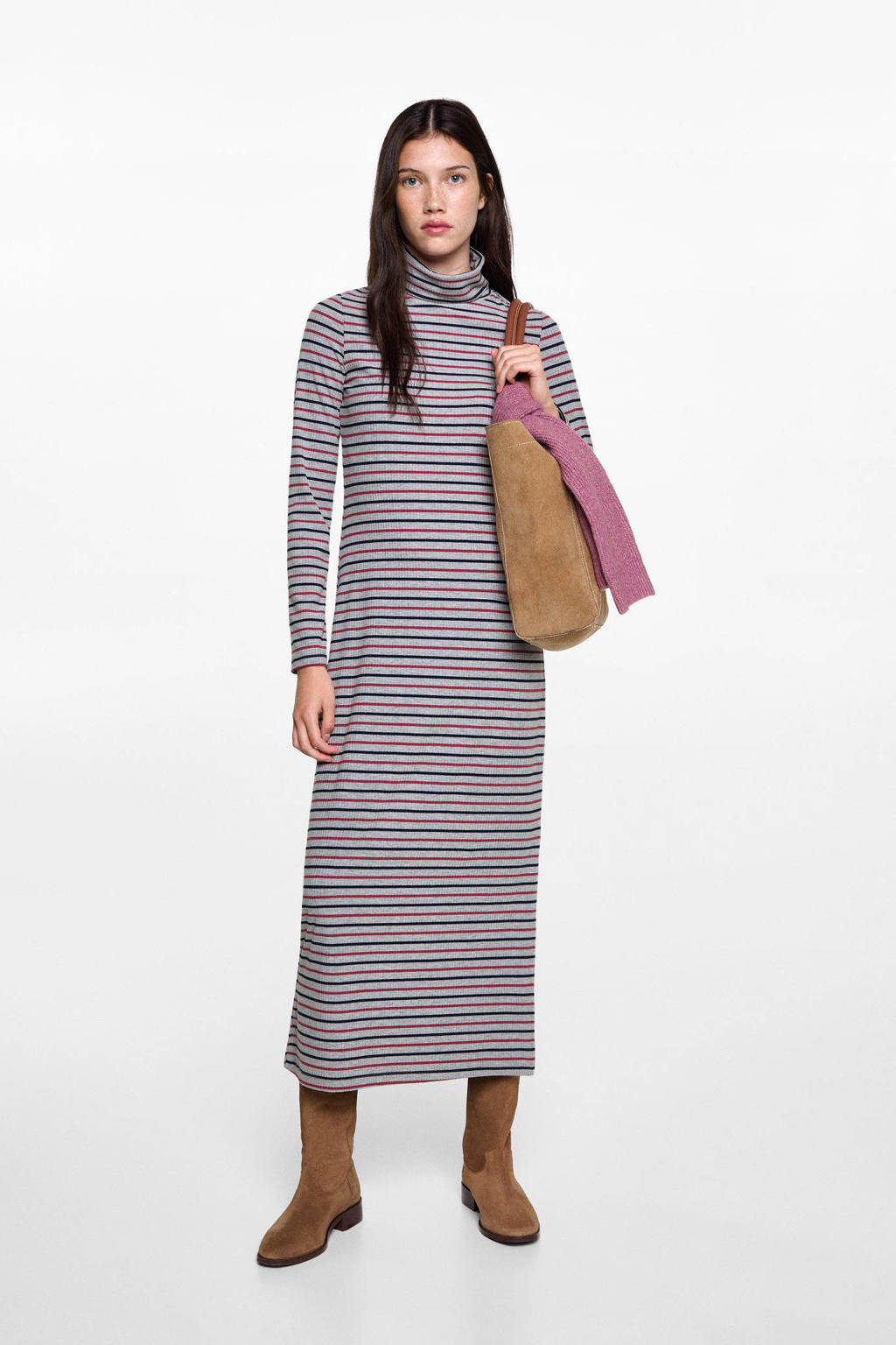 MANGO TEEN gestreepte maxi jurk grijs melange/rood/blauw