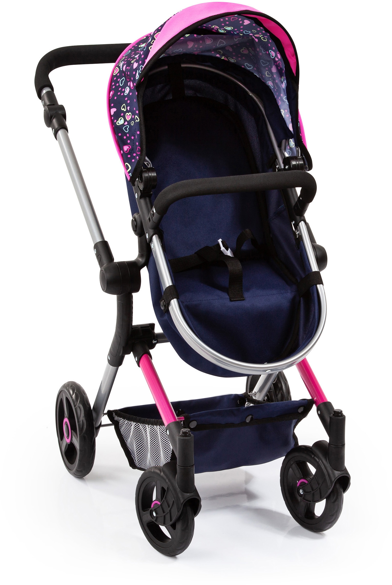 Bayer Kombi-Puppenwagen »Vario, Blau/Pink/Herzchen« inkl. Wickeltasche