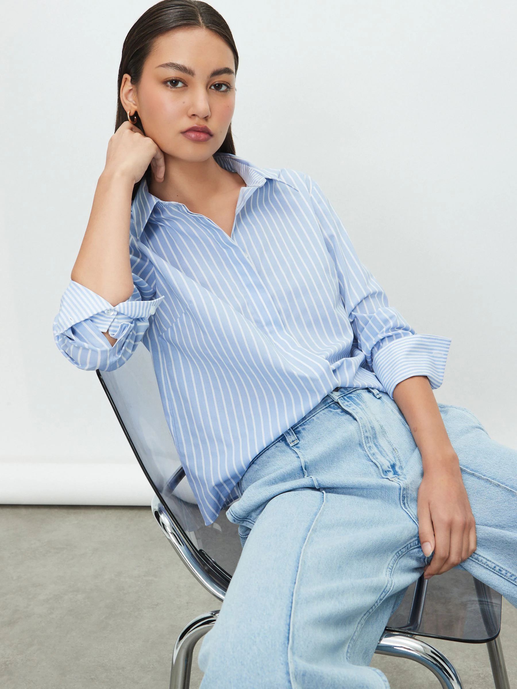 Blauw/witte streep - Fitted Stretch Essential Long Sleeve Shirt