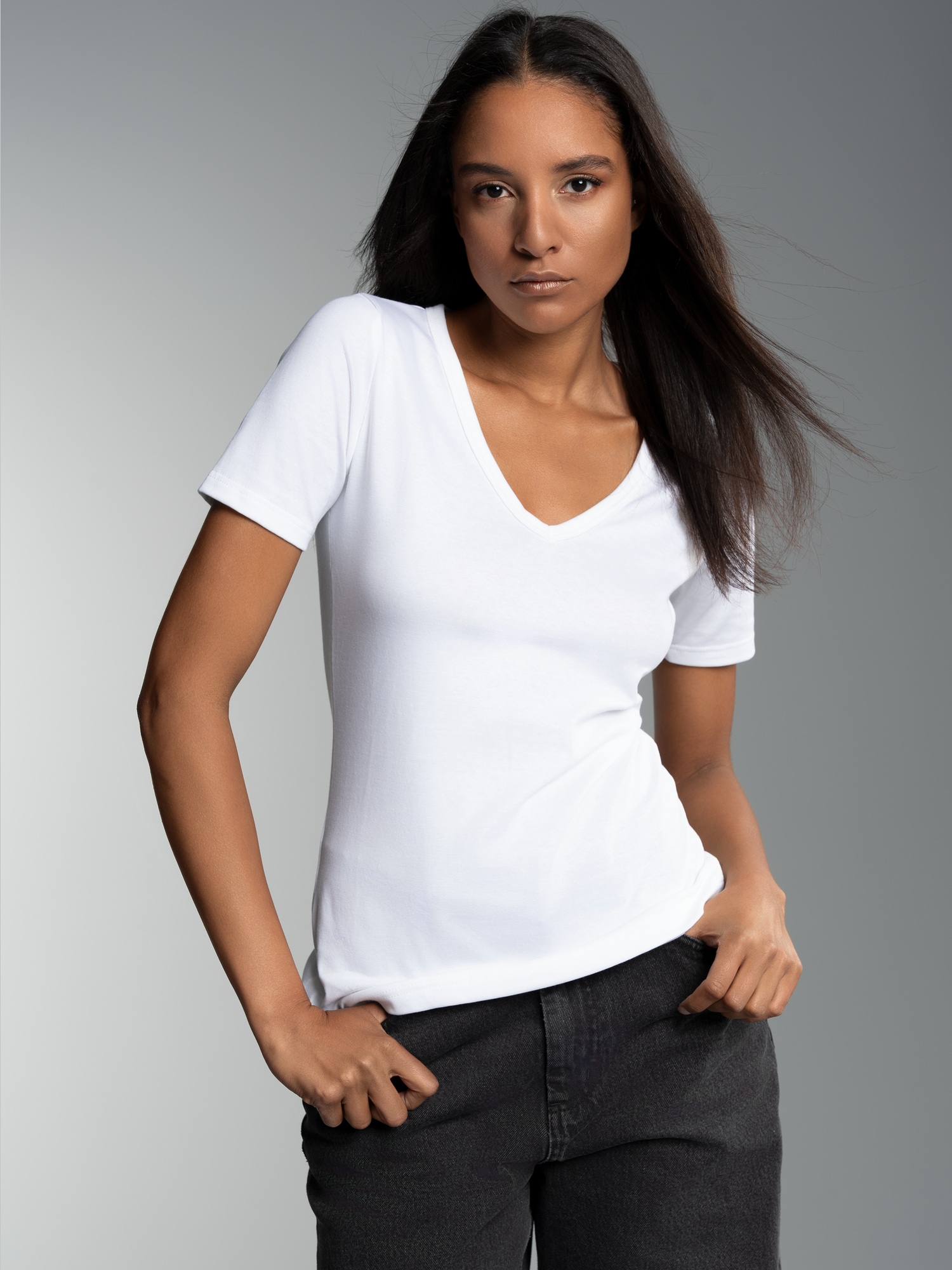 V-Shirt aus Baumwolle/Elastan Weiss