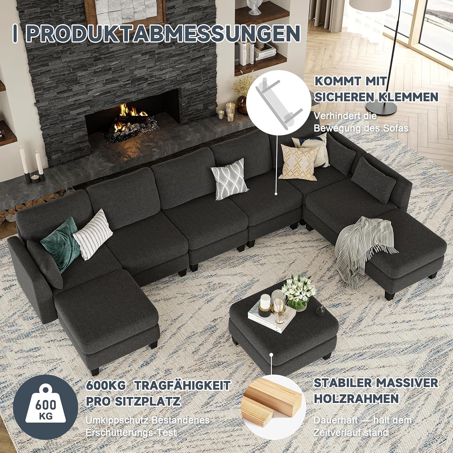 U-Form Modulares Ecksofa mit schlaffunktion,Moderner Schlafsofa aus Stoff，umwandelbarer Sofa mit Hochdicht-Memory-Schaum, bequemer 6-Sitzer Modulares Eckcouch für den Wohnzimmer, Dunkelgrau