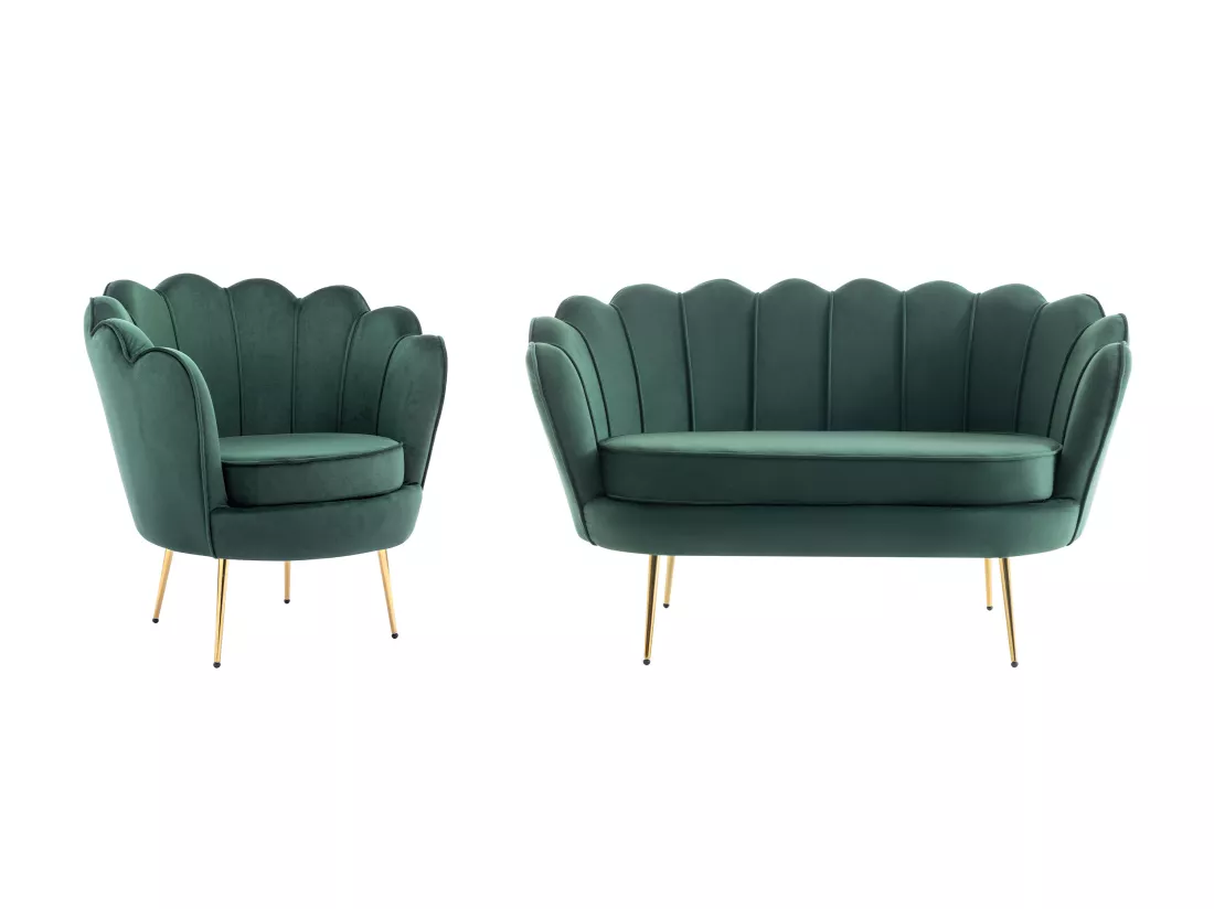 Canapé 2 places et fauteuil coquillage en velours vert sapin DANDELION de Pascal Morabito