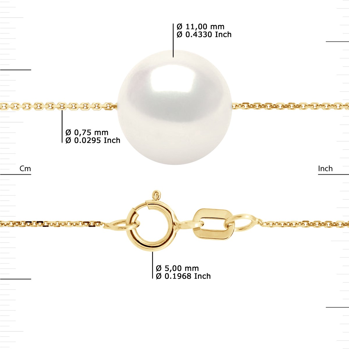 Collier Perle d'Eau Douce Blanche Ronde 11-12 mm Chaîne Forçat Or Jaune 18 Carats