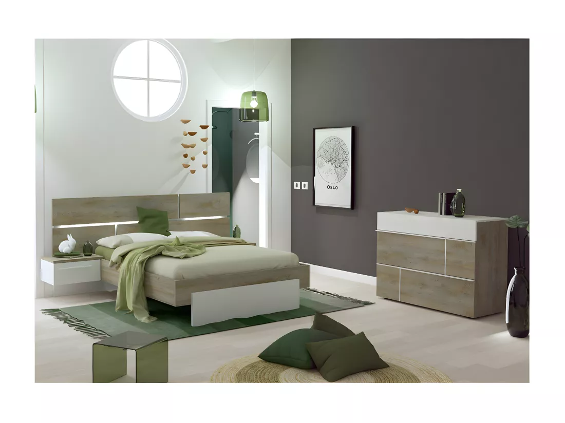 NINO LIGHT - Lit 140x190cm avec Leds et Chevets Suspendus + Commode