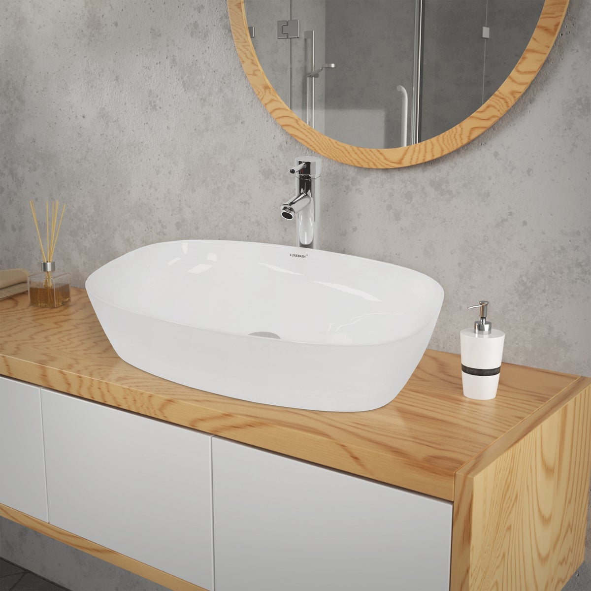 ECD Germany Wastafelmeubel 605x380x140 mm Keramiek Ovaal Wit incl. Afvoergarnituur voor Wastafels zonder Overloop Opzetwastafel Opzetwastafel Opzetmeubel Waskom Spoelbak