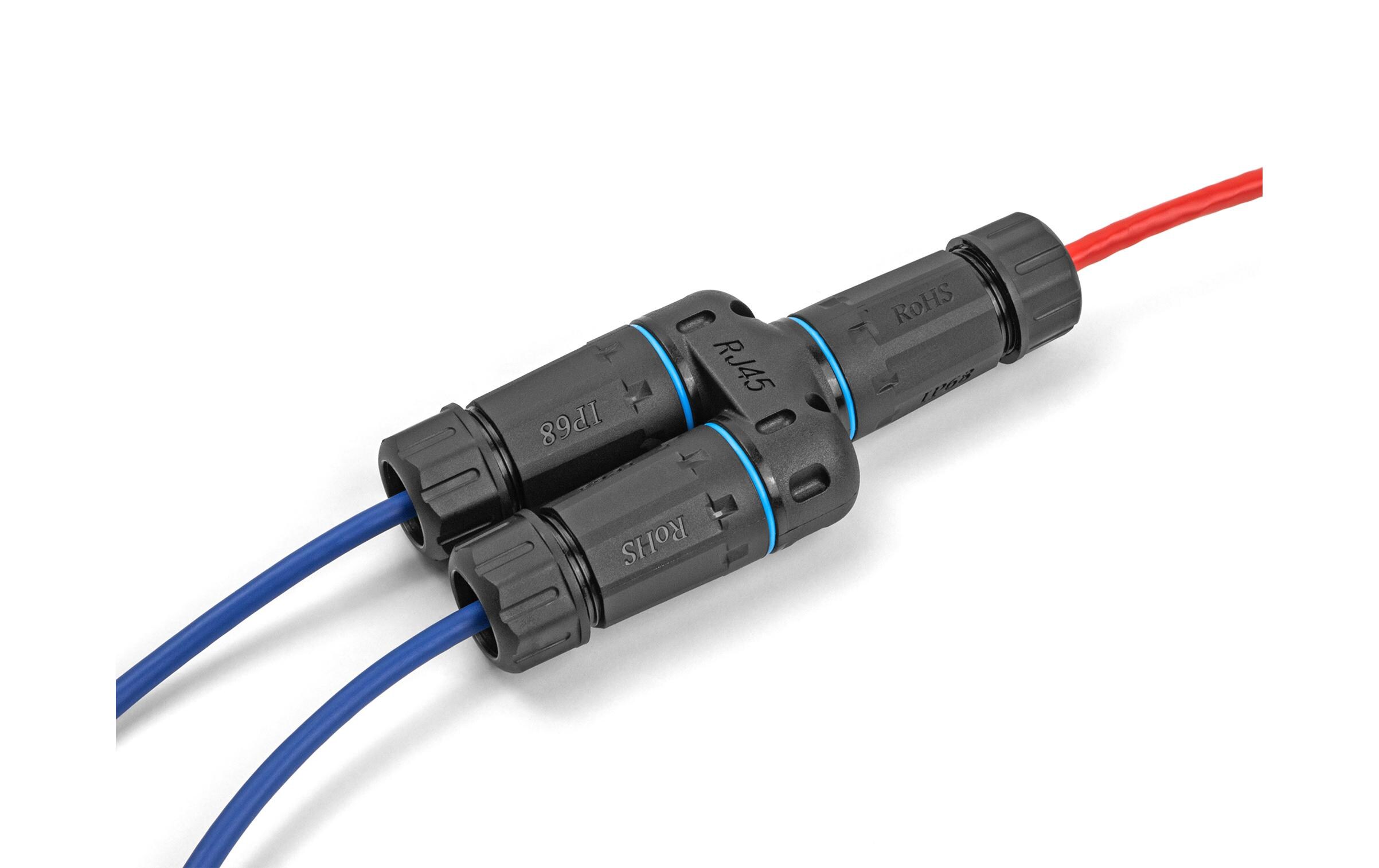 Kupplung RJ45 zu 2x RJ45, Cat.6A, wasserfest, 1 StückDelock Kabelverbinder RJ45 Buchse zu 2 x RJ45 Buchse Cat.6A wasserfest