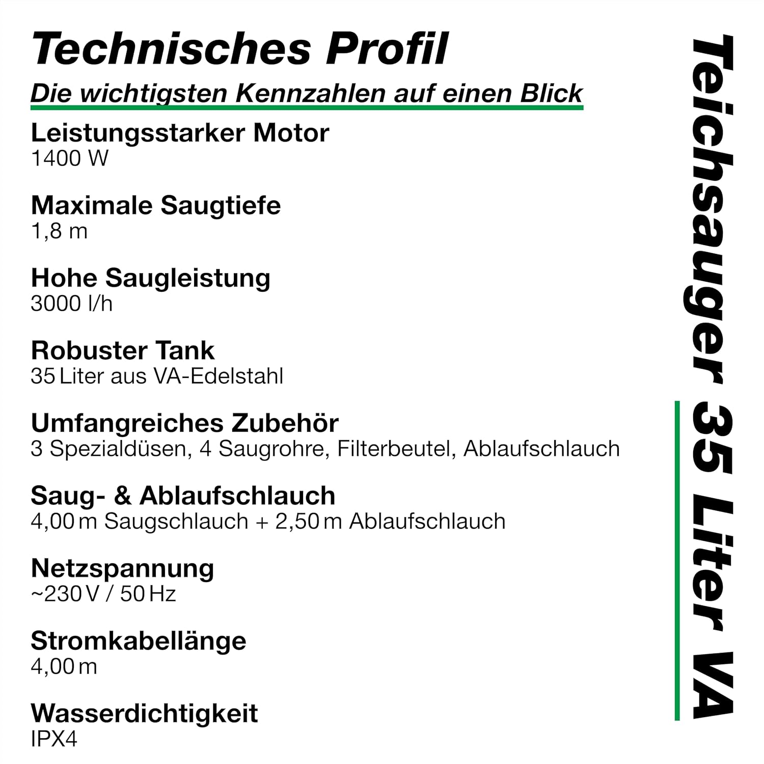 Wagner Green Teichsauger 35 Liter VA | komplett Teichschlammsauger für die Reinigung für Gartenteich Schwimmteich Fischteich Pool und Haus