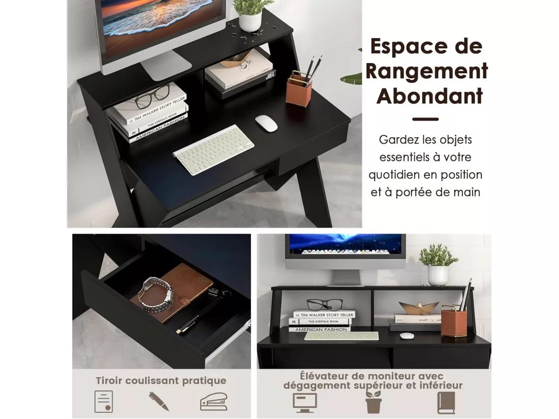 Bureau d'Ordinateur avec Tiroir, Bureau Informatique en Forme de X avec Support d'Écran, Repose-Pieds, Table de Bureau pour Étudier, Jouer, Travailler (Noir)
