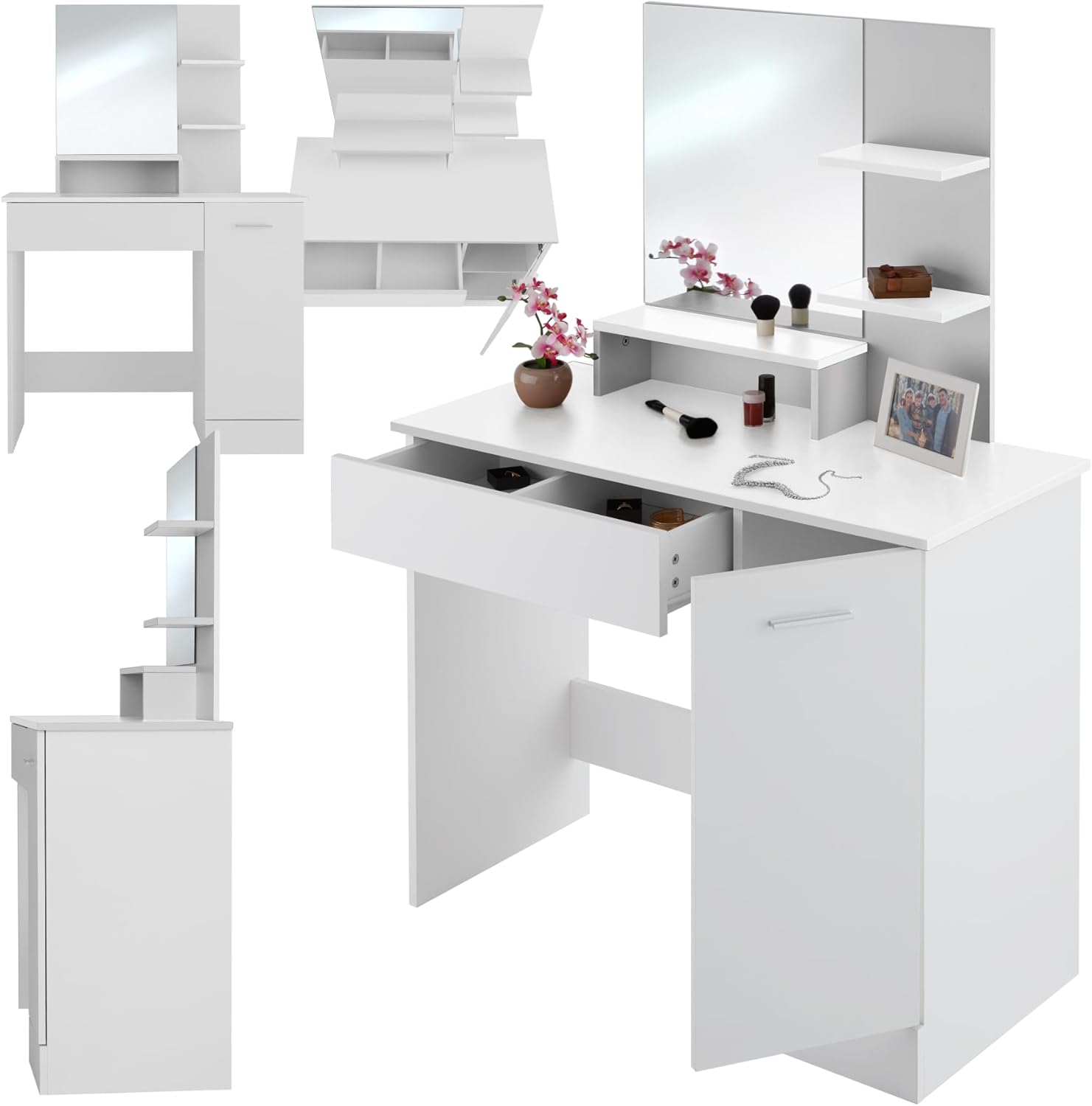 tectake® Schminktisch mit Spiegel, Frisiertisch mit 3 Ablagen & Seitenfach mit Tür, Kosmetiktisch, Schminktisch mit Schubladen, Ideal für Wohnzimmer, Schlafzimmer und Jugendzimmer - weiß