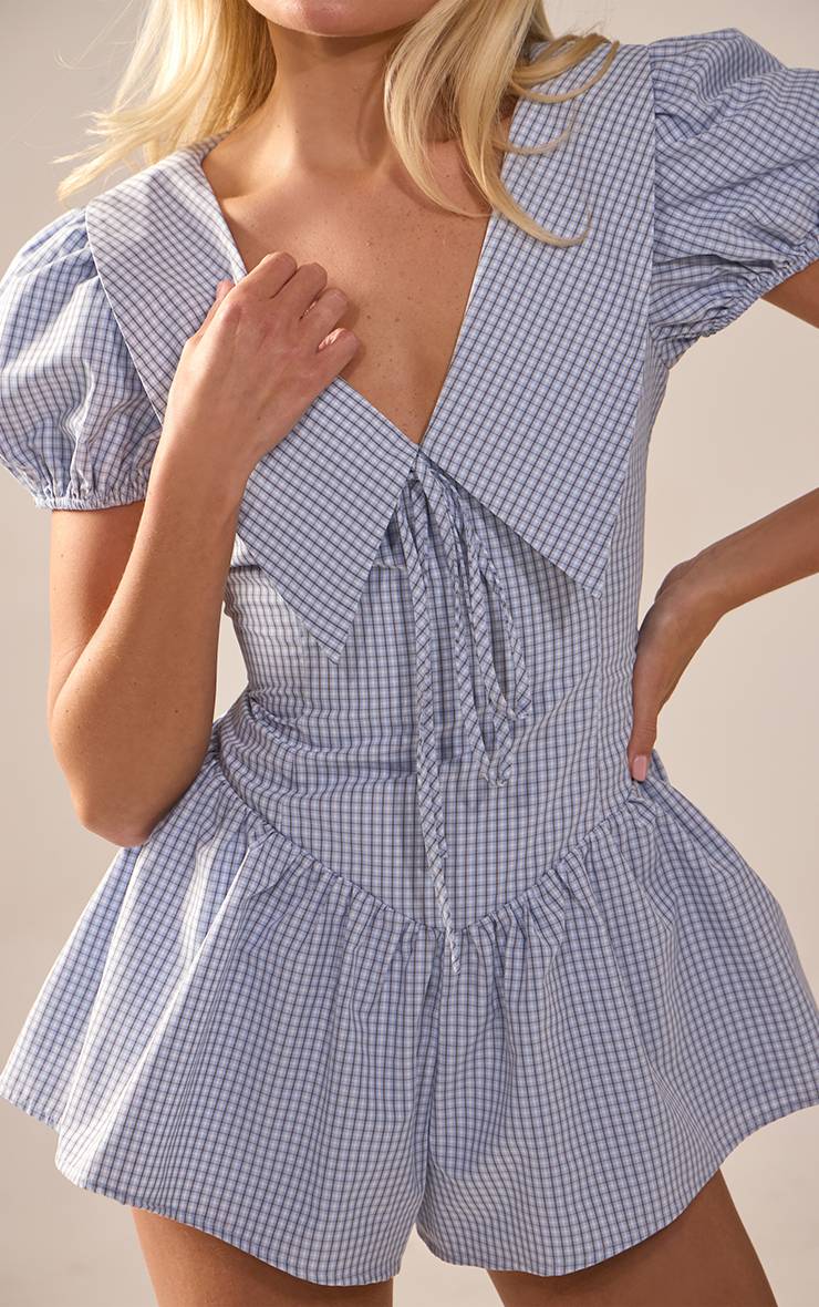 Bleu Combi-short À Jupe-culotte En Tissu Tissé À Carreaux Avec Détail Col