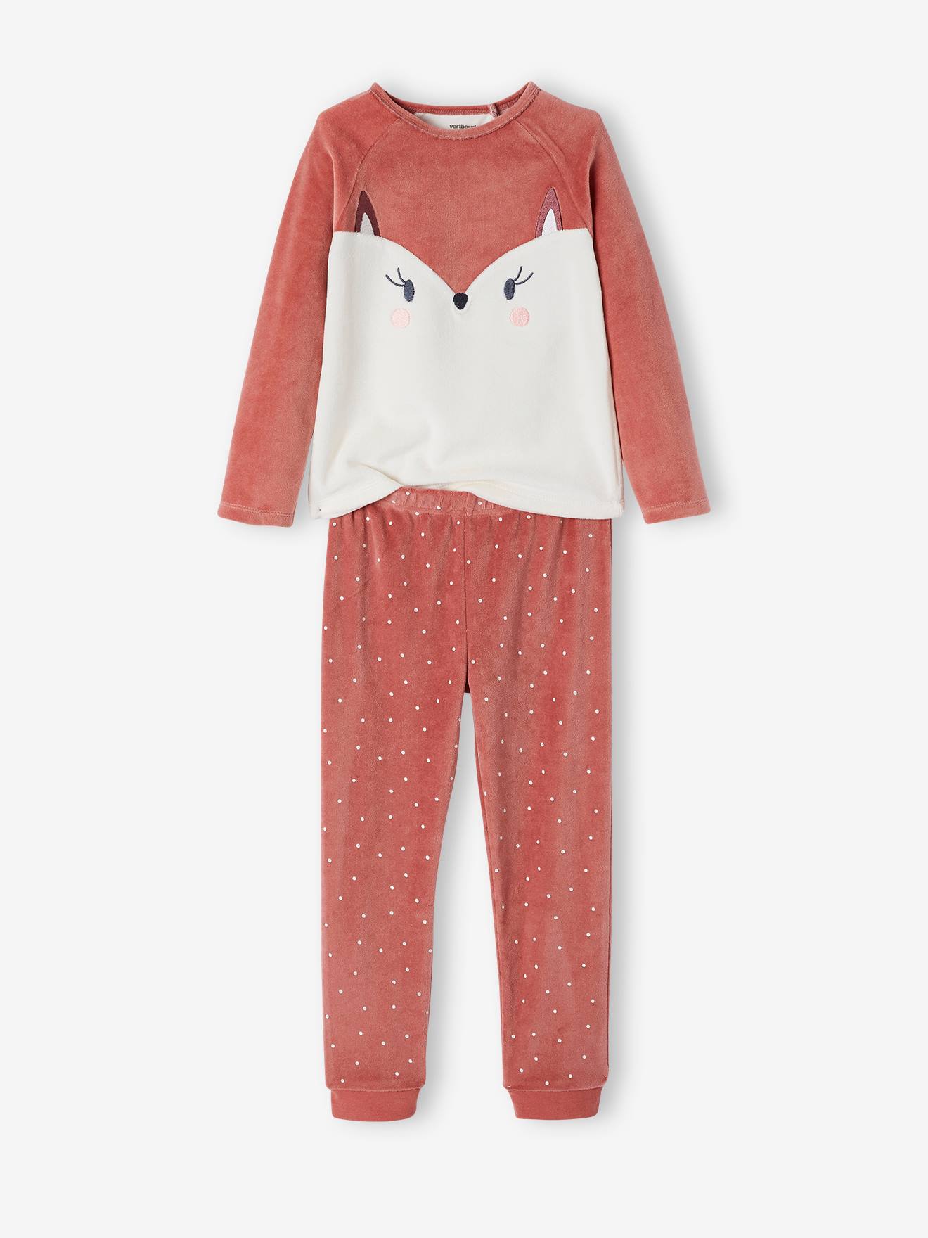 Pijama de veludo com estampa de raposa para meninas, rosa escuro liso com motivos.