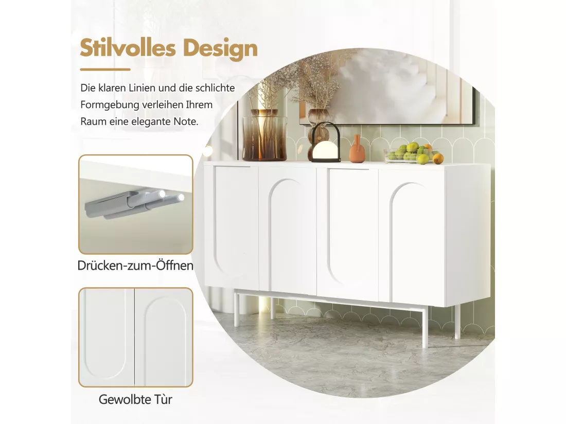 Buffet moderne avec 4 portes - 140 x 42 x 80 cm - bois MDF - coloris blanc