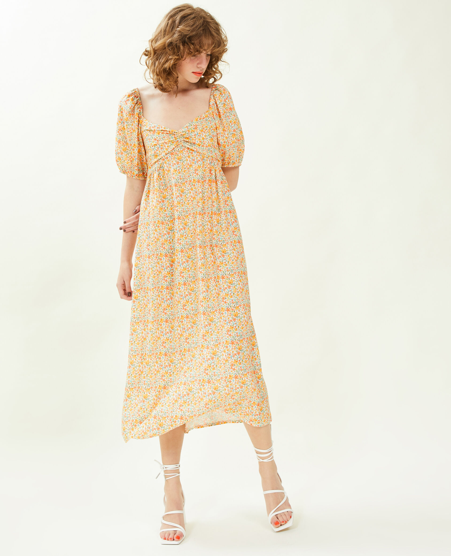 Robe midi manches ballons motifs fleurs - Blanc