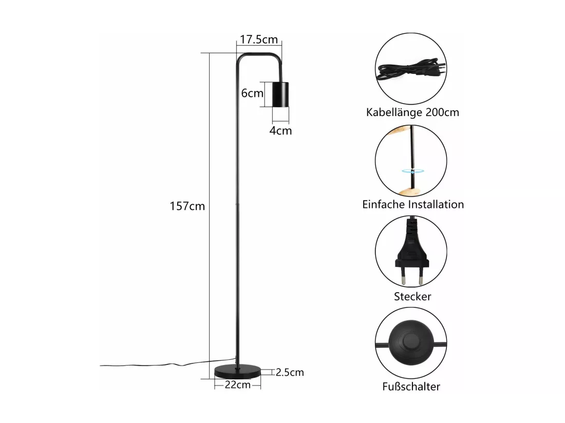 NETTLIFE Lampadaire Salon Vintage Lampadaire noir avec interrupteur à pied Métal industriel E27 Lampadaire design Lampe de salon