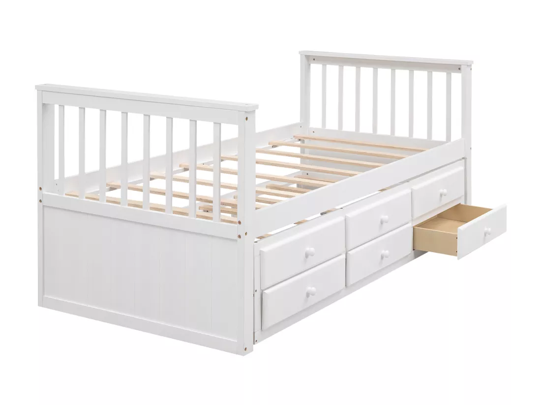 Lit gigogne avec 3 tiroirs - 90 x 200 cm + 90 x 190 cm - pin et MDF - style moderne - blanc