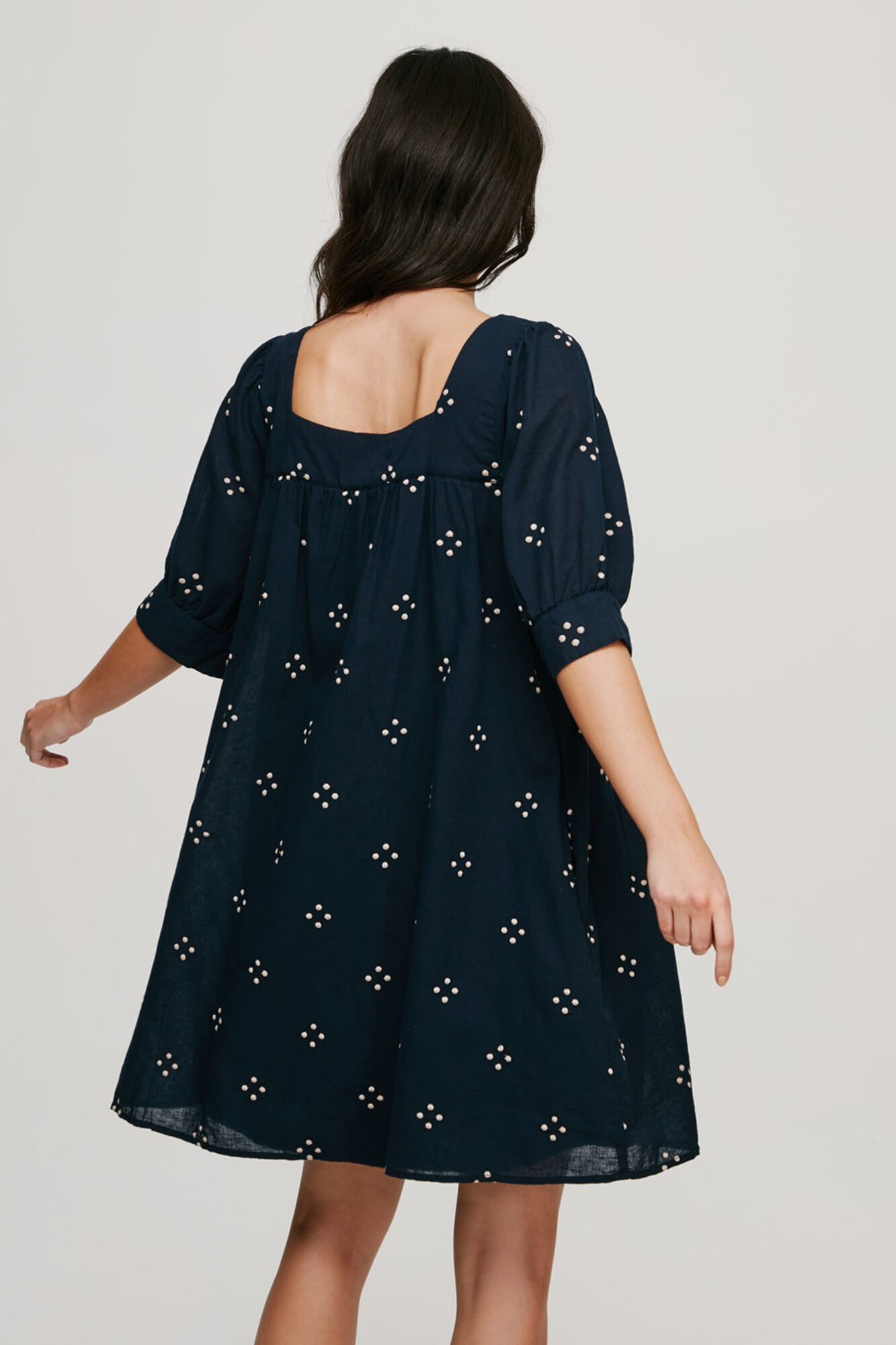 Vestido de manga curta em algodão e linho - Azul marinho