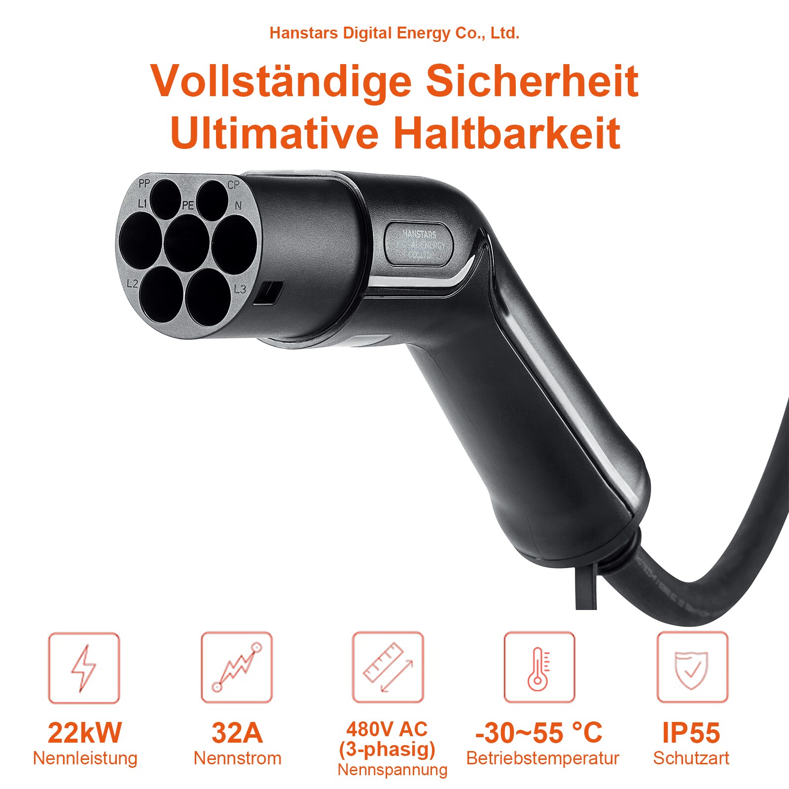 HANSTARS EV-Ladekabel, Typ 2 auf Typ 2, 3-Phasig 32A 5 Meter 22 kW mit Tasche