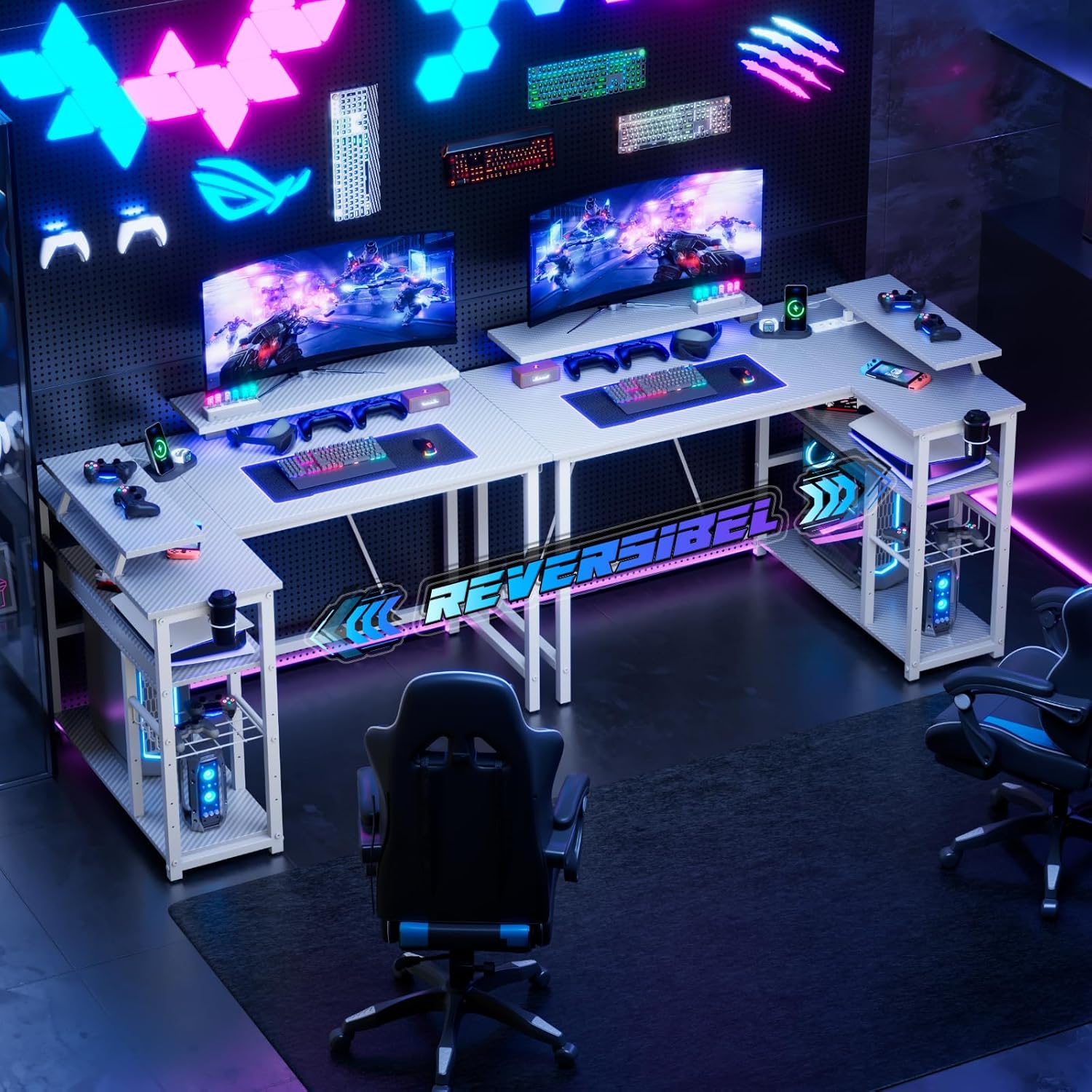 Devoko Gaming-Schreibtisch Ecke 120x80cm mit Doppel-Monitorhalterung, LED-Beleuchtung, höhenverstellbarer Ablage & Carbon-Optik Weiß