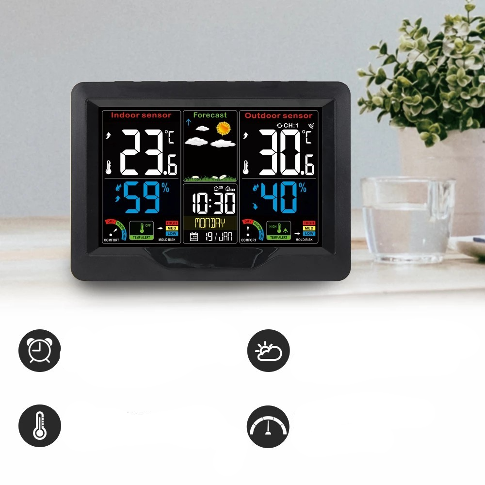 (2-tlg. Set) Wireless Wetterstation Digital Thermometer / Hygrometer / Wecker mit Wettervorhersage   Aussensensor (Batteriebetrieben) - Schwarz