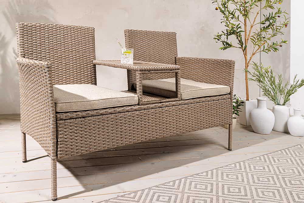 Moderne Gartenbank PORTOFINO 140cm natur beige Polyrattan Sitzbank mit Tisch wetterfest