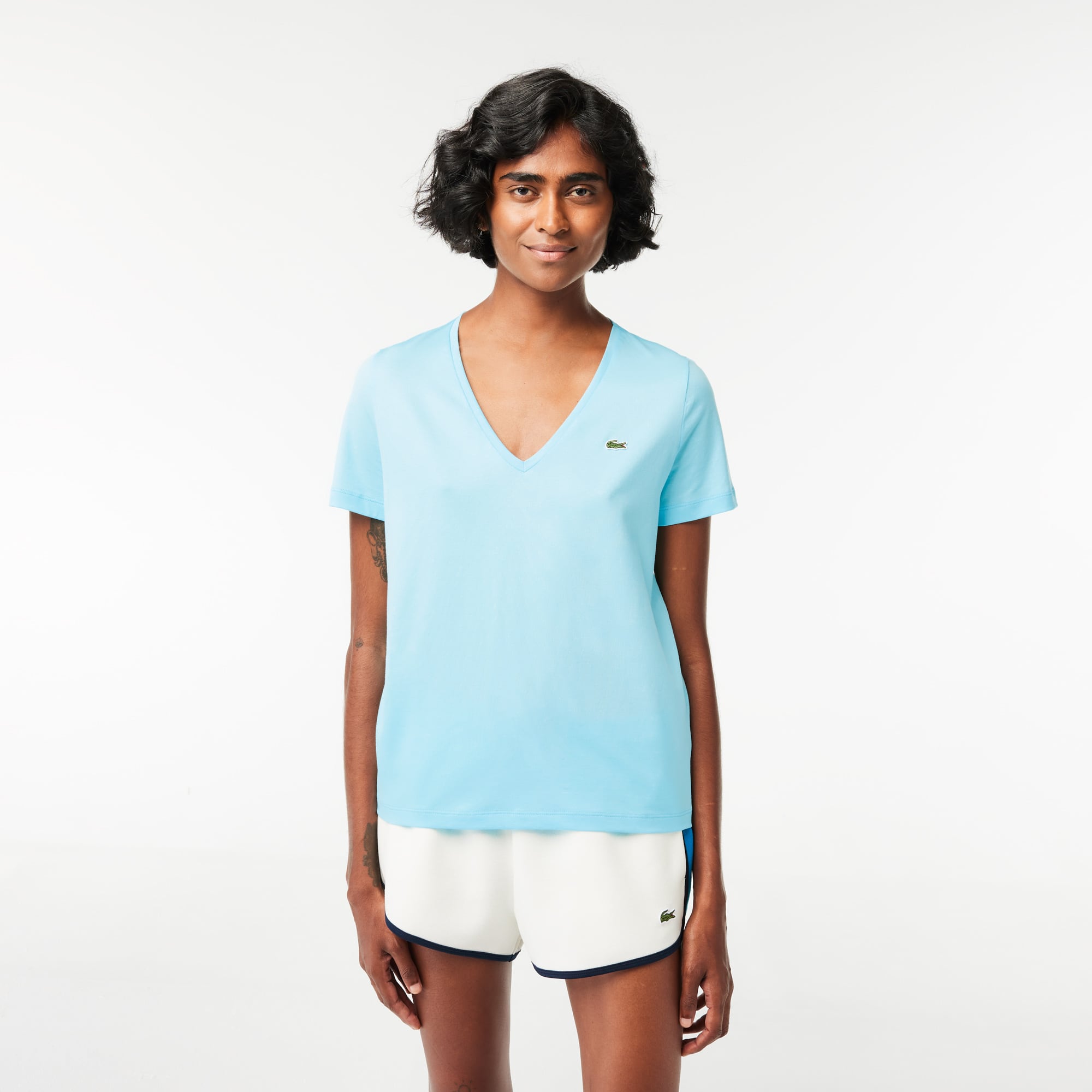 T-shirt à col V loose fit en coton uni T-Shirts - Bleu - Lacoste - Femme