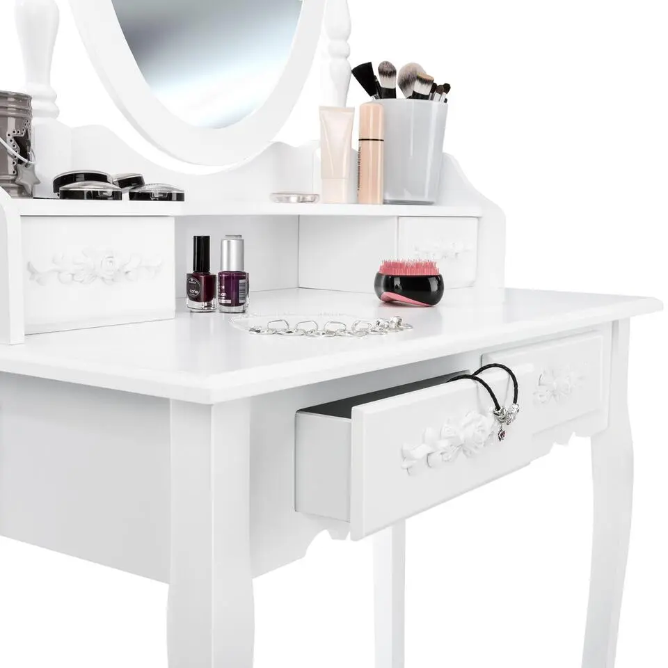 tectake Makeup-tafel met spiegel en hocker in antieke look, Wit