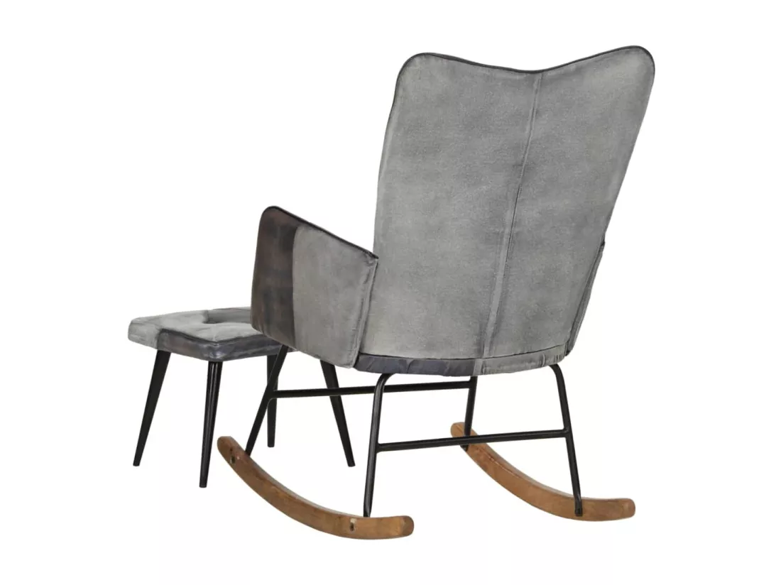 Chaise à bascule et repose-pieds Gris Cuir véritable et toile