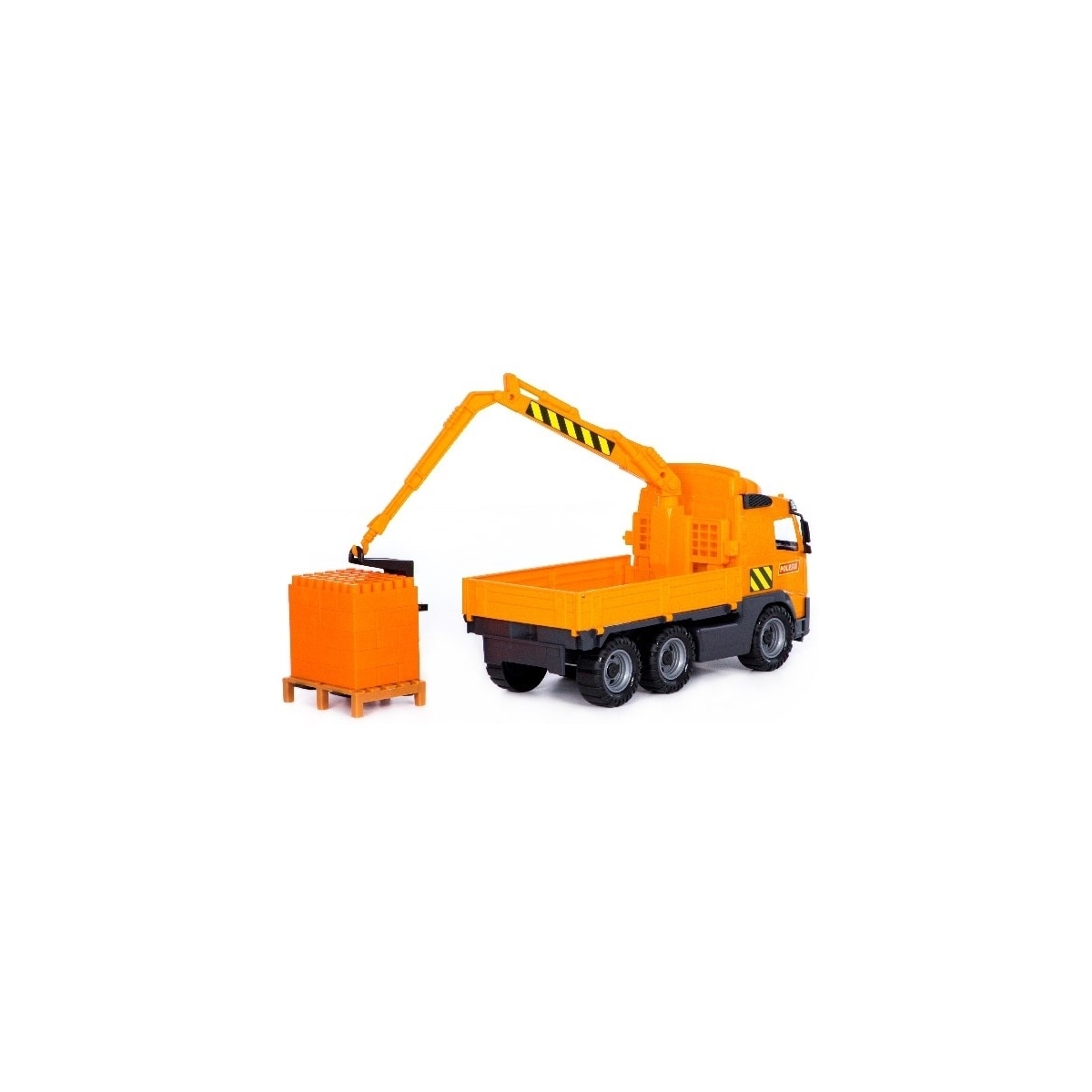 Volvo Lastbil med Kran + tegelstenar på pall 450x190x250mm