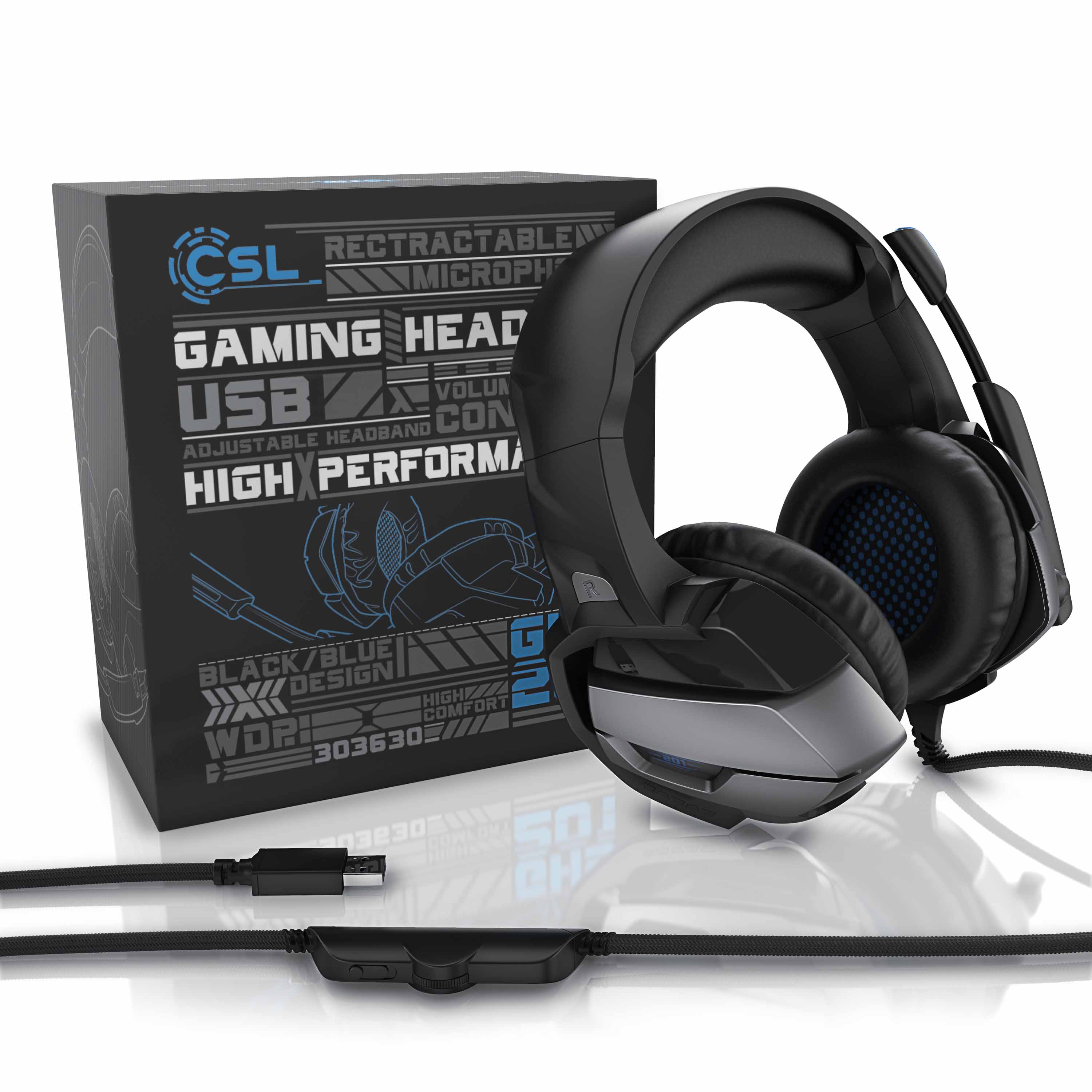 CSL USB Gaming Headset GHS - 201 mit Mikrofon Kopfhörer für Windows, Mac, PS3, PS4, PS4 Pro