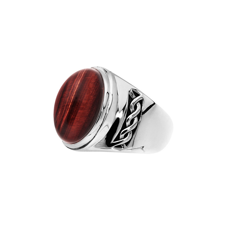 Bague oeil de tigre rouge massive argent.