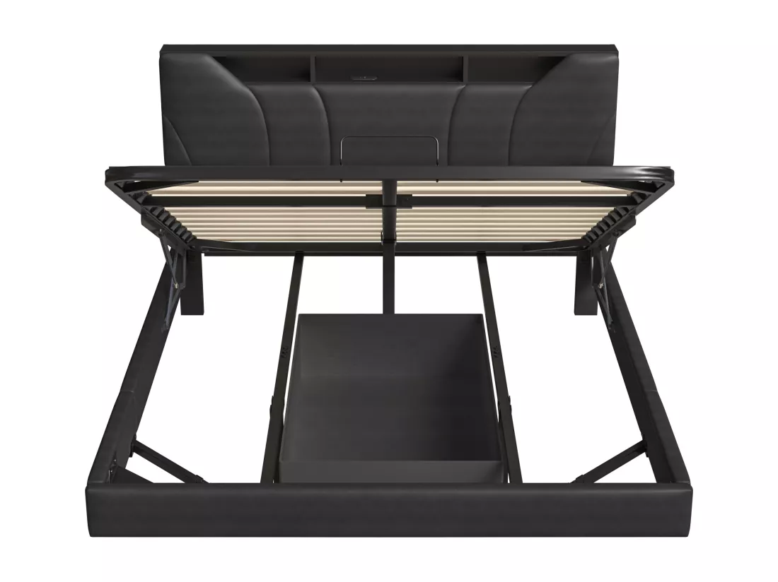 Lit double rembourré 160x200cm - avec USB et lumière LED - Cadre de lit avec tête de lit rangement et coffre de rangement pour lit, en PU- Gris