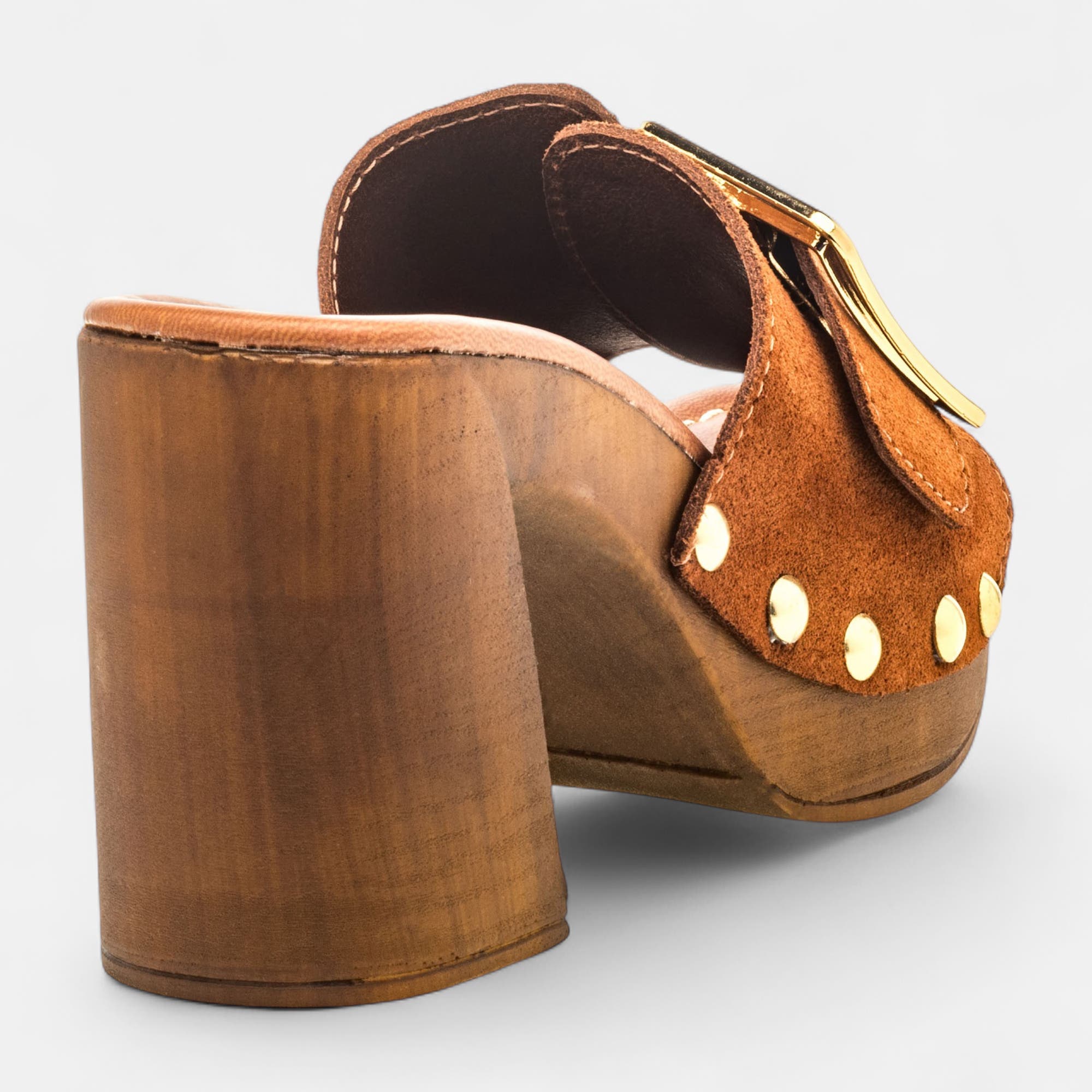 Chaussures semelle bois à talon Femme en cuir cognac