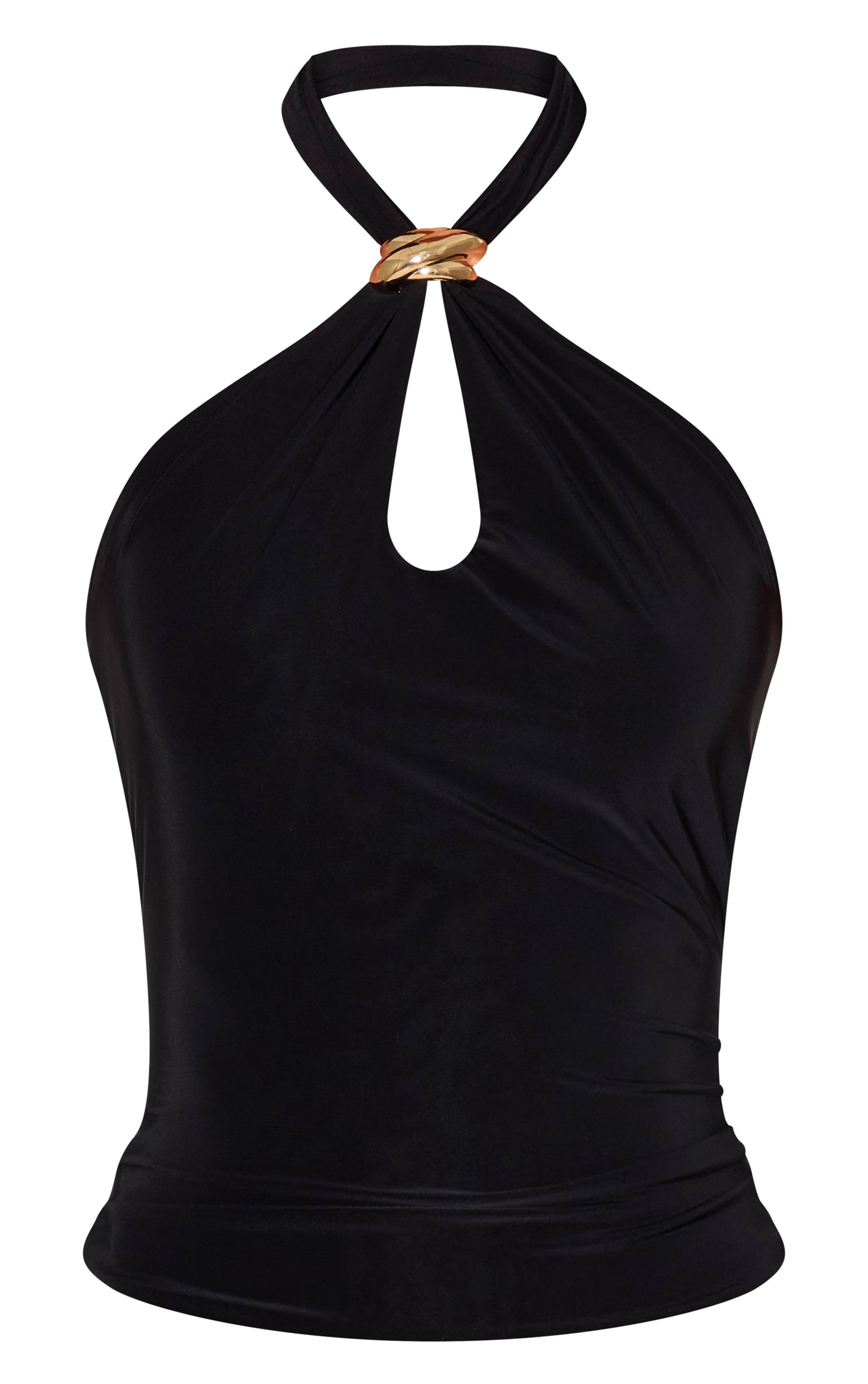 Noir Haut Long À Col Licou Double Couche En Tissu Slinky Avec Finitions Contrastées