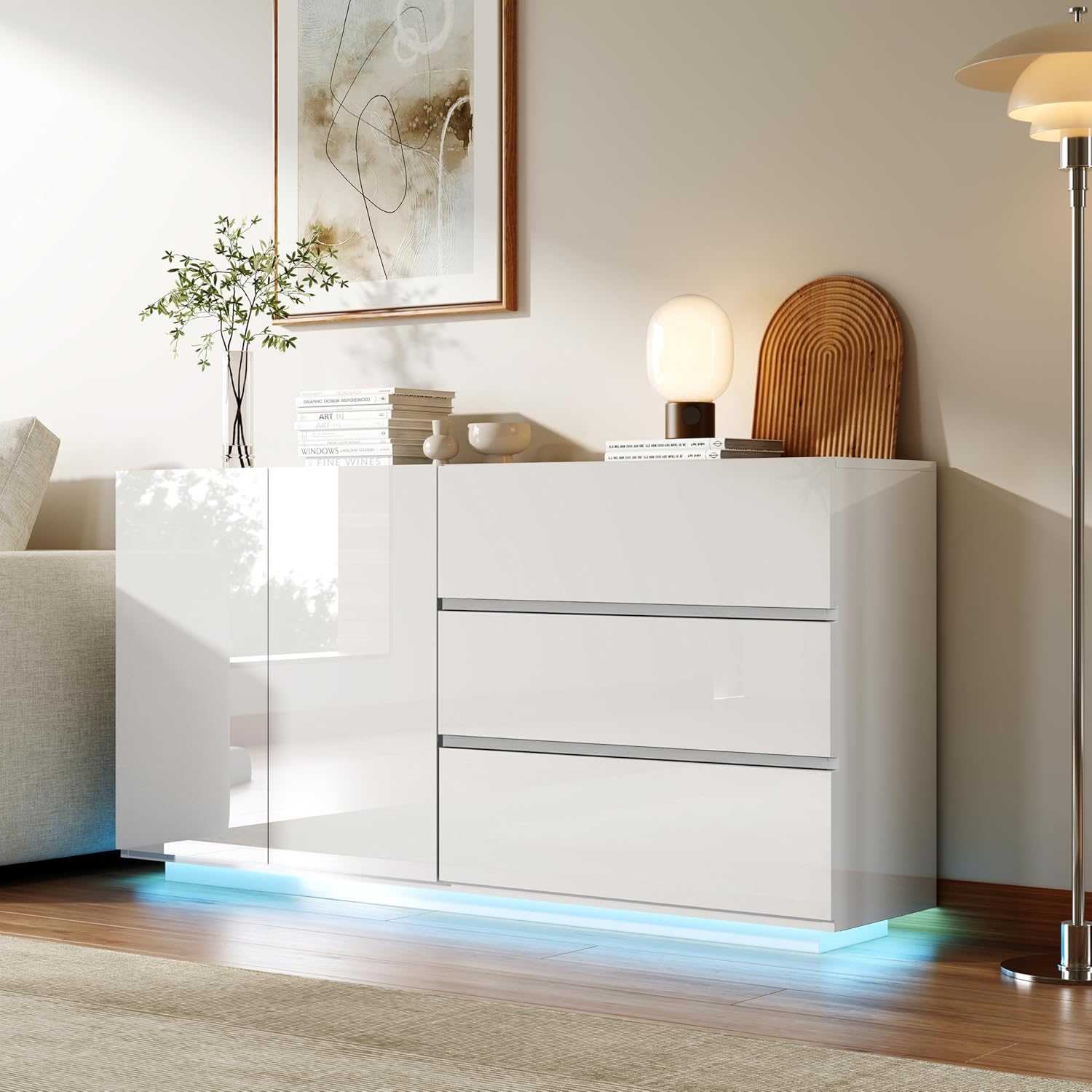 Sideboard für Wohnzimmer, weiß, glänzend, mit LED-Beleuchtung, Küchenmöbel mit 2 Türen und 3 Schubladen, TV-Schrank modern, für Wohnzimmer & Esszimmer & Küche (weiß, 160 x 35 x 76 cm)