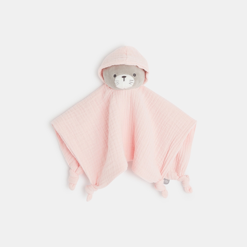 Doudou plat chat en lange de coton rose naissance