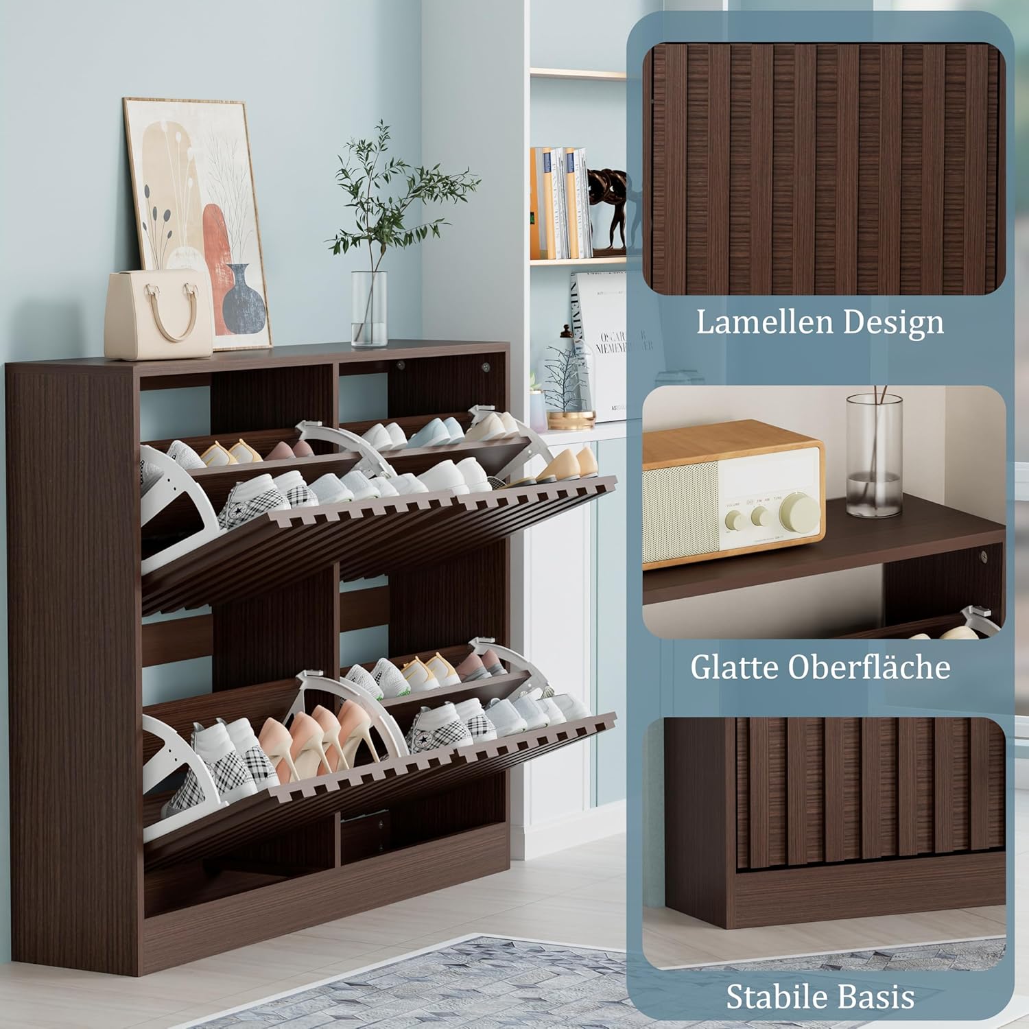 UEV Schuhschrank mit 4 Klappen Holz Schmal Schuhkipper Schuhkommode mit Kippschutz, Schuhaufbewahrung, Flurkommode Schuhregal Flur, Verstellbare Trennwände für Verschiedene Schuhtypen Dunkelbraun