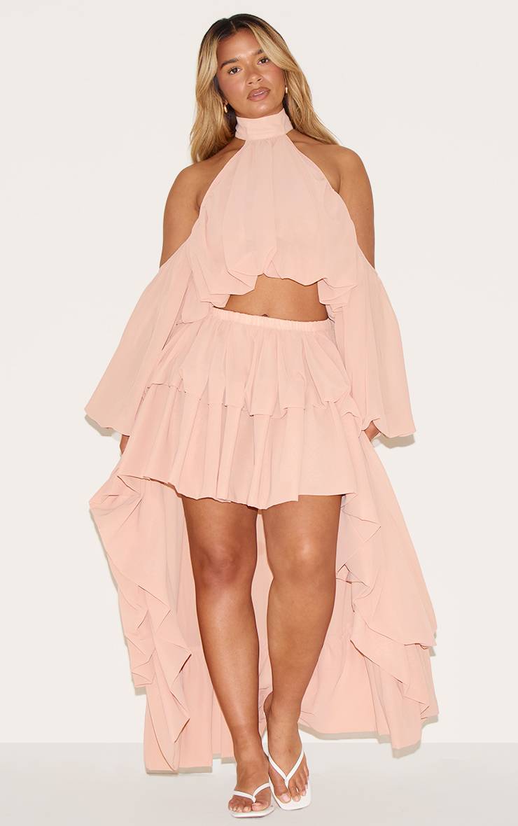 Pêche Ensemble Coordonné Shape Blouse En Mousseline Col Montant Épaules Dénudées