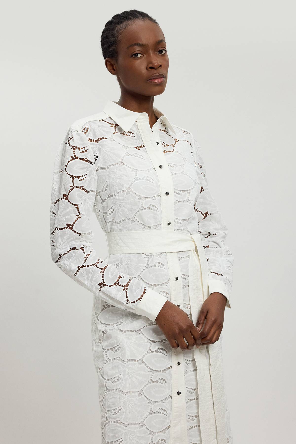 KarenMillen Robe Chemise En Coton Tissé À Col Avec Broderie Ajourée