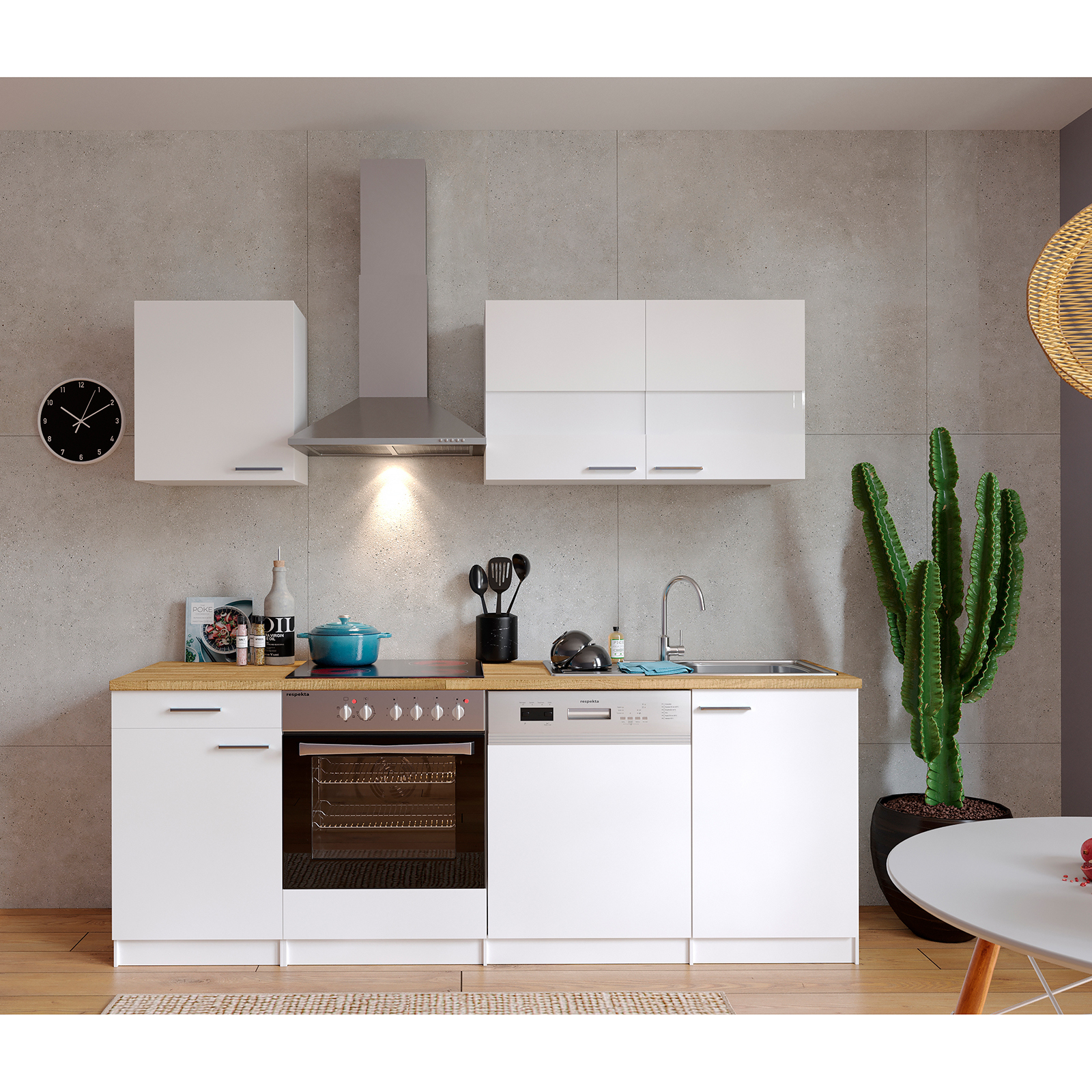 RESPEKTA Küchenblock - weiß - mit E-Geräten - 220 cm