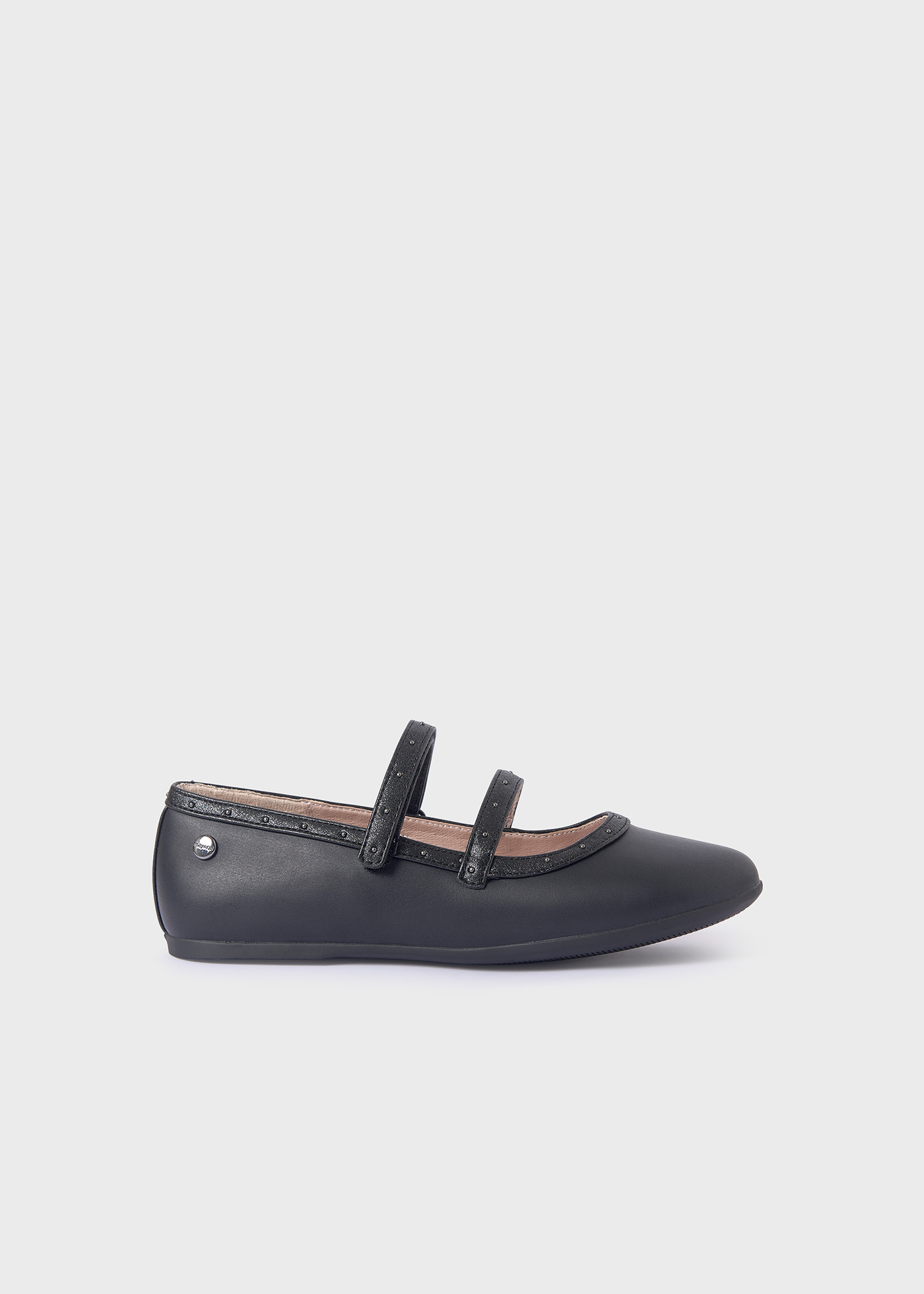 Sapato estilo Mary Jane com palmilha cravejada, em couro sustentável, para meninas.