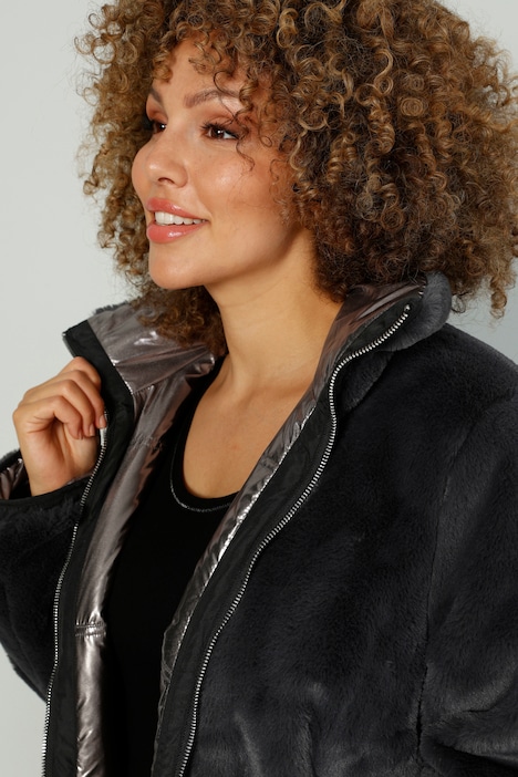 Wendejacke, Metallic-Look, Webpelz, Stehkragen, Zipper