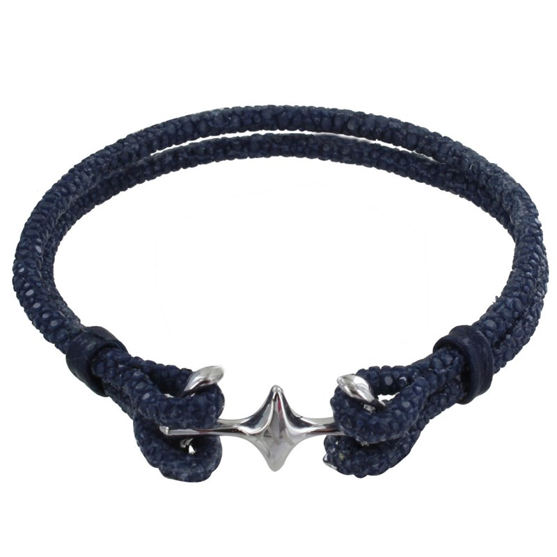 Bracelet Mixte en Argent Rhodié Double Ancre et Cuir - 20cm - Bleu Navy