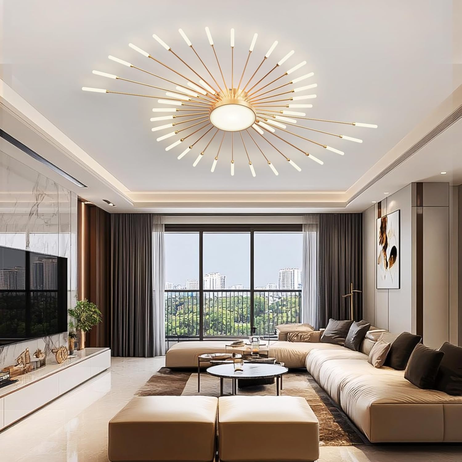 LED Deckenleuchte Wohnzimmer,Wohnzimmerlampe Moderne Minimalistische Deckenlampe Gold Innen Dekorative Deckenbeleuchtung für Wohnzimmer,Schlafzimmer und Büro(42+1 Köpfe, Gold)