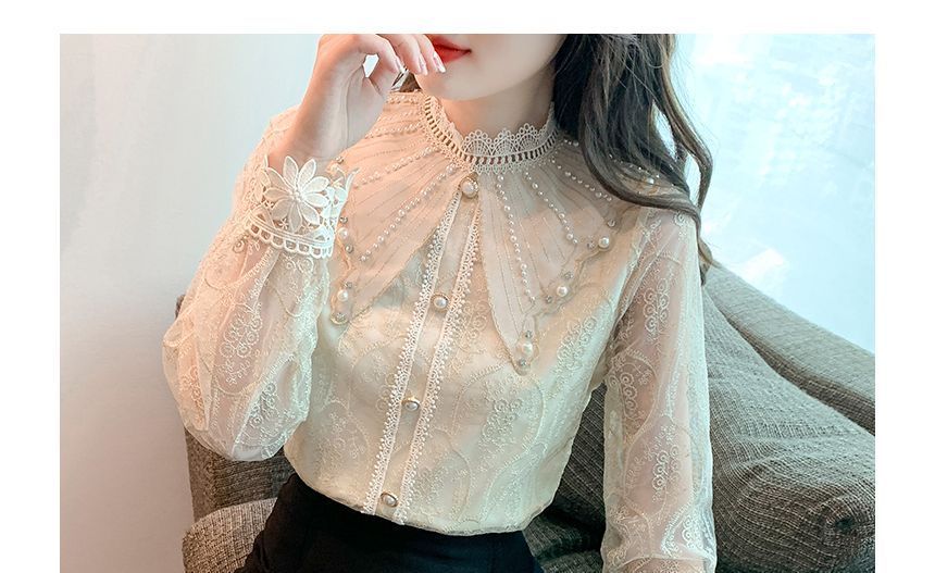 Isaaca - Blouse met lange mouwen en col, imitatieparels en kanten afwerking van chiffon