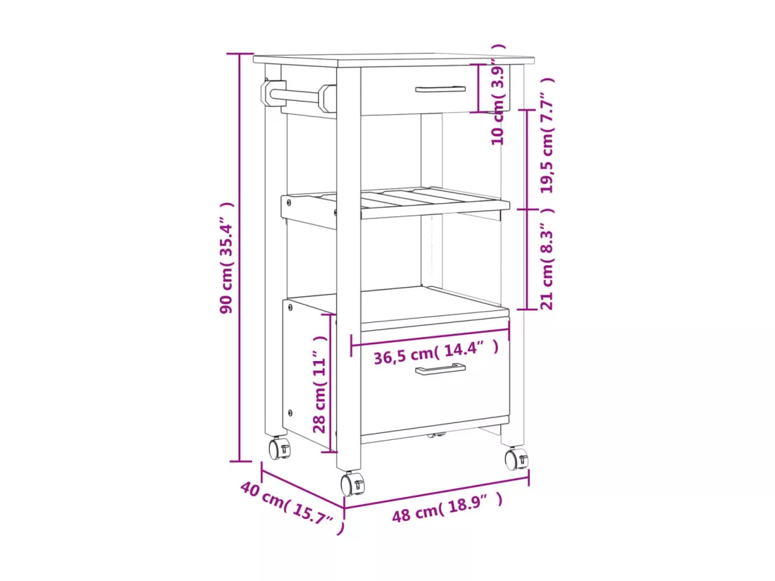 Chariot de cuisine MONZA 48x40x90 cm bois massif de pin
